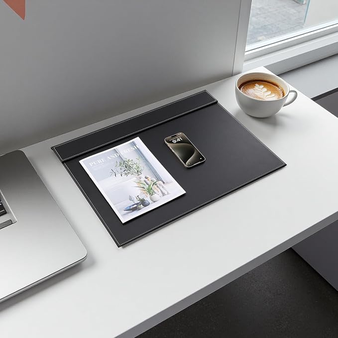 Ultra-Smooth PU Leather Desk Pad & Mat Office Desk Drawing & Writing Board A3/ A4 File Paper Clip Table Protector Mat on Top Large 24''x18'' (Black)