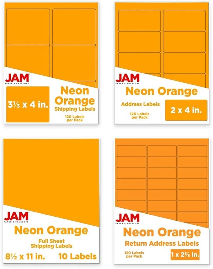 JAM PAPER Shipping & Mailing Address Labels - Multi Size Assortment - Neon Orange - 370/Pack