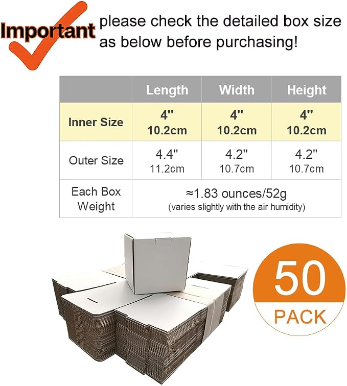50 Pack 4x4x4'' Small Shipping Boxes, Corrugated Cardboard Mailers for Business, White (LM444)