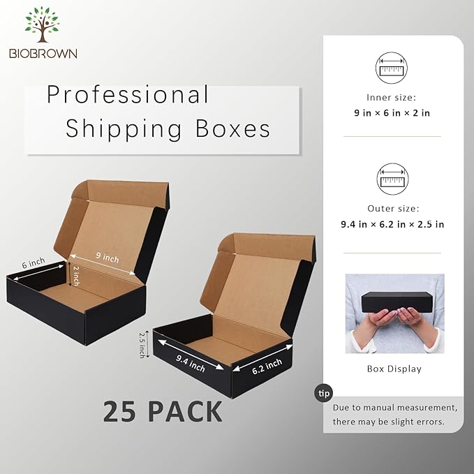 BIOBROWN 9x6x2" Small Shipping Boxes 25 Pack, Black Corrugated Cardboard Mailer Boxes Bulk for Packaging Small Business Mailing Gift