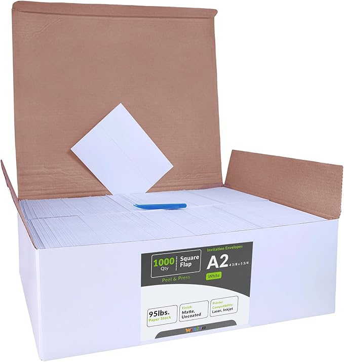 Winlyn 1000 Pcs White A2 Invitation Envelopes, Peel & Press Self Seal, 4 3/8 x 5 3/4 Square Flap, RSVP & Return Envelopes, 95lb. Paper, Perfect for Announcements, Greeting Cards, Letters