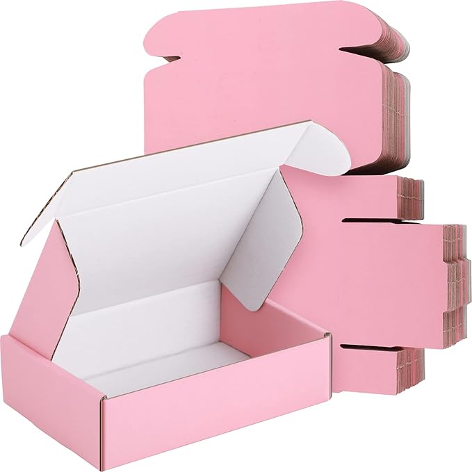 Spakon 50 Packs Shipping Boxes Cardboard Corrugated Mailer Packaging Boxes for Small Business Cute Small Box Cardboard Carton Box Mailers for Packaging Product(Pink,6 x 4 x 1.6 Inches)