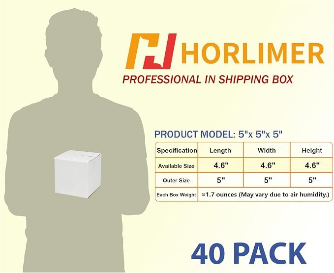 HORLIMER 40 Pack 5x5x5 Shipping Boxes, White Corrugated Cardboard Box for Mailing, Packaging, Small Business