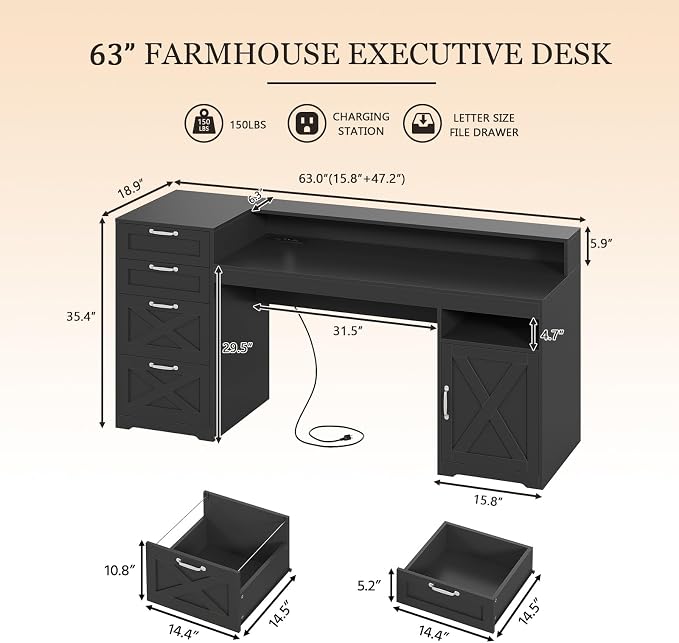 63" Black Computer Desk with 4 Drawers & Outlets for Home Office, Bedroom | Executive Desk with Printer Stand, Monitor Stand, Home Office Desks with Power Outlets, Storage Shelves, Black