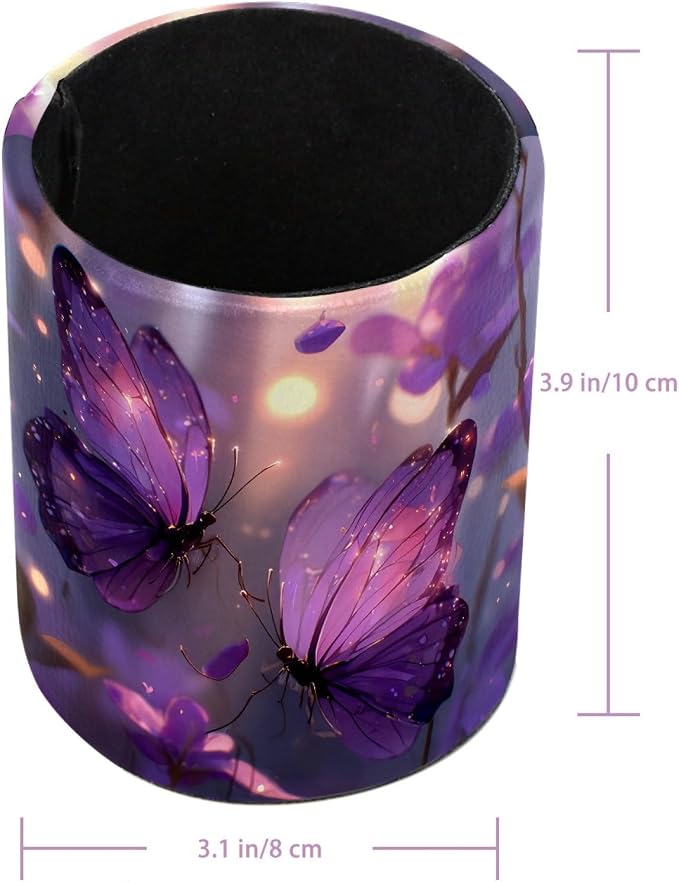 Leather Pen Holder for Desk, Purple Butterfly Pencil Cup Pen Organizer Makeup Brush Holder for Office Home Kids Countertop Desk Accessory Storage
