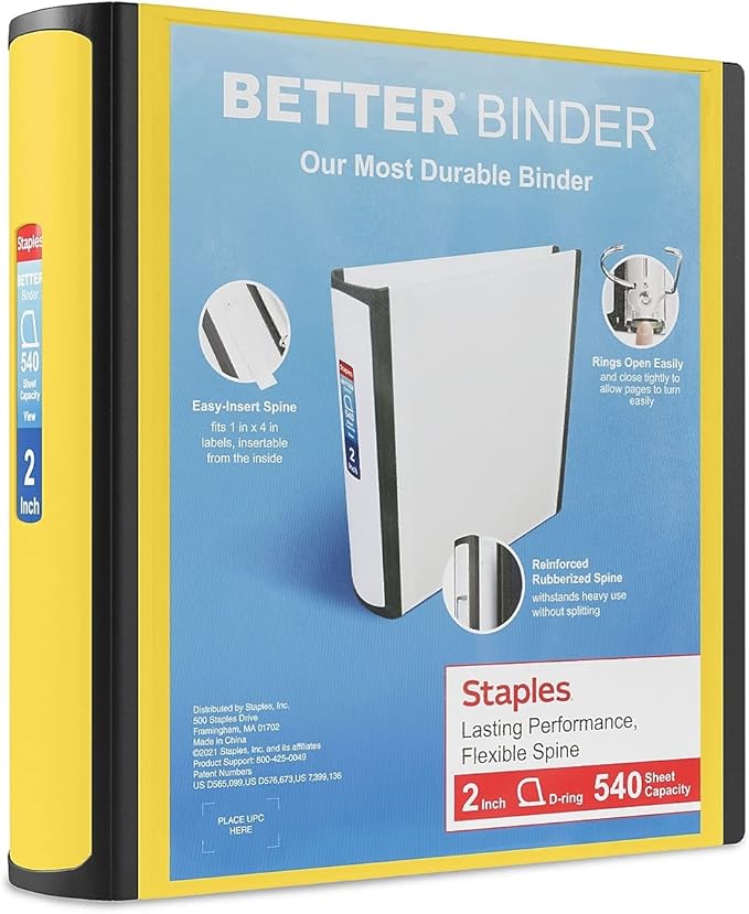 Staples Better Binder 2-Inch 3-Ring Binder, Yellow – Heavy-Duty Binder for School & Office Organization