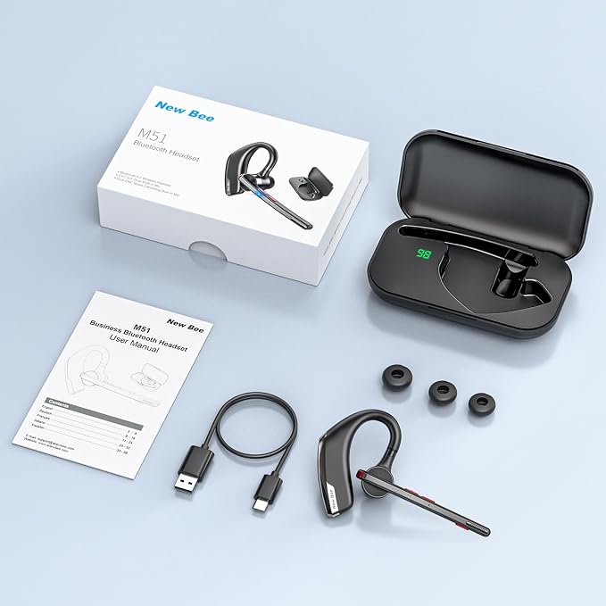 New Bee Bluetooth Headset, Dual Mic Noise Cancelling Bluetooth Earpiece | 80h Playtime, 500mah Charging Case,Crystal-Clear Calls, Bluetooth 5.2 Hands-Free Earphones for Office Driver