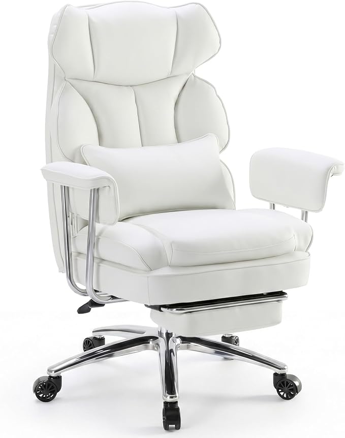 Sweetcrispy Executive Home Office Chair, Ergonomic Desk Chair | Big Tall High Back, Lumbar Support, Reclining Height Adjustable, PU Leather, Computer Gaming, Footrest Swivel Wheels, White