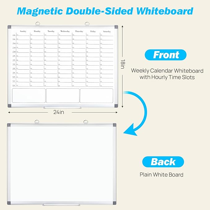 Weekly Calendar Dry Erase Board for Wall, Hanging 24"×18" Double-Sided Magnetic Whiteboard with Hourly Slots, for Planning, Memo, to Do List, Home, Office, Kitchen