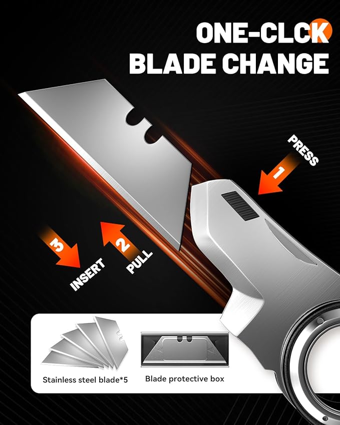 Folding Utility Knife Pocket Knife, Heavy-Duty Box Cutter with Anti Slip Finger Loop, Quick Change Blade Razor Knife, Box Cutters for Home, Office, Warehouse, Durable Razor Knife, Box Knife (Black)