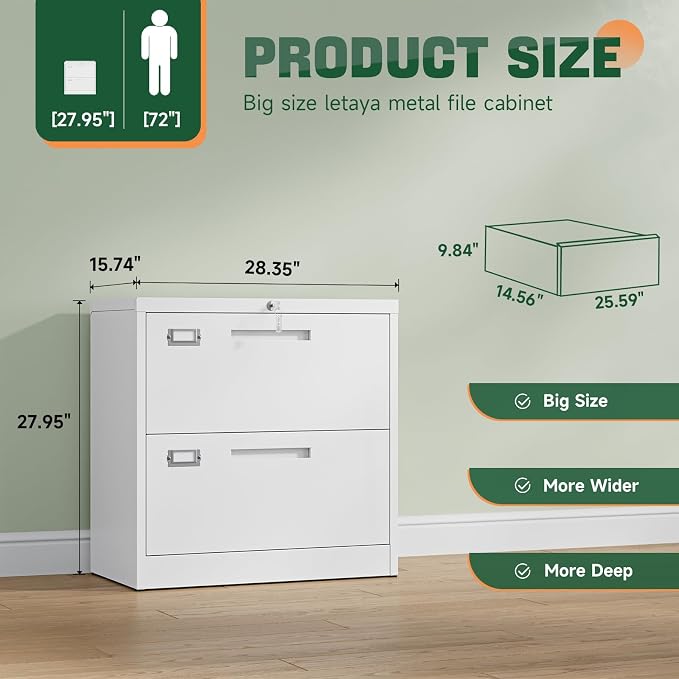 2 Drawer File Cabinet with Lock,Metal Lateral Filing Cabinet for Home Office,Hanging Letter/Legal/A4 Size (White, H27.95×W28.35×D15.74)
