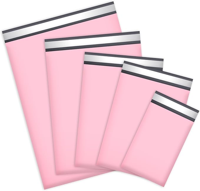 UCGOU 60 Pack Not Padded Light Pink Poly Mailer Variety Pack, 6x9 Inch & 9x12 Inch & 10x13 Inch & 12x15.5 Inch & 14.5x19 Inch Mailing Bag, Self-sealing Adhesive Mailer Assorted Size for Small Business