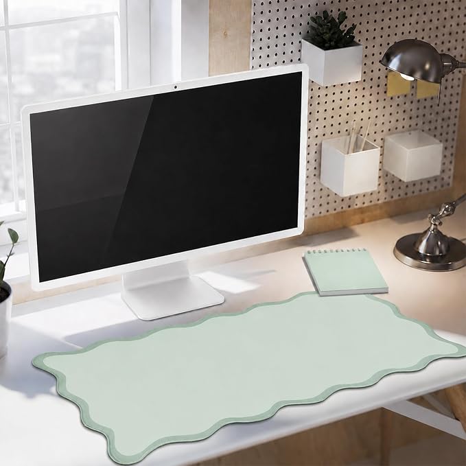 Hahafelt Scalloped Desk Mat Waterproof,Mint Green,31.5 X 15.8 Inches | Coquette Preppy Style for School Office Makeup Vanity, Nonslip Gaming Desktop Protector with Scalloped Stitched Edge Mat