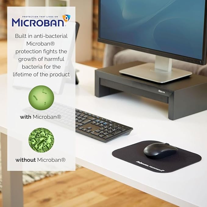 Fellowes Mouse Mat with Non-Slip Rubber Base - Mouse Pad with Antibacterial Protection - Suitable for Both Optical and Laser Mice - 199 x 232 x 2mm - Black