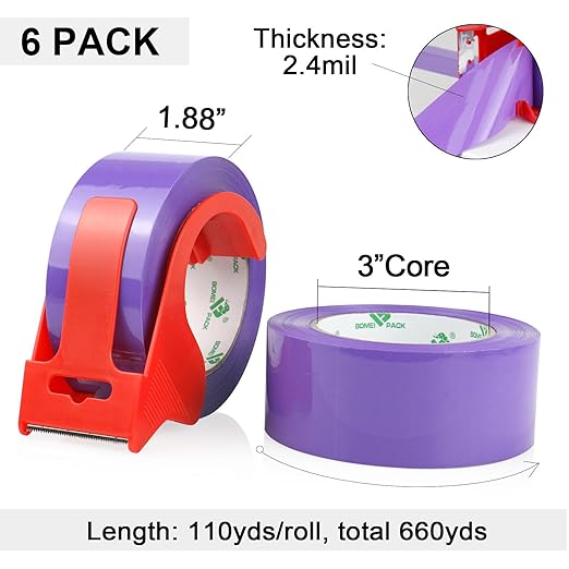 BOMEI PACK Purple Packing Tape with Dispenser, 2.4 Mil 1.88 Inch x 110 Yards, 6 Refills Rolls Purple Color Box Packaging Tape for Moving, Shipping, Mailing and Storage