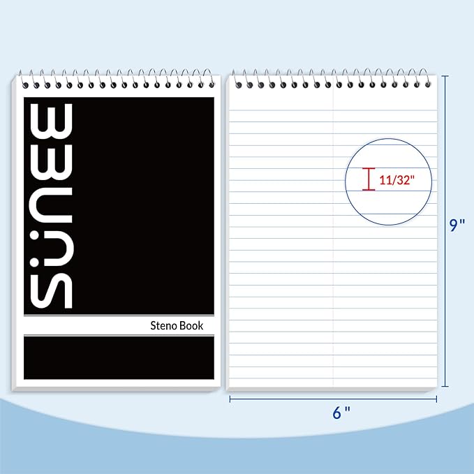 SUNEE 2 Pack Steno Pads 6x9, Gregg Rule, 60 Sheets, Spiral Notebook 6x9, White Paper, Take Notes with Top Spiral Notebook, for School, University, College, Work, Office, Black