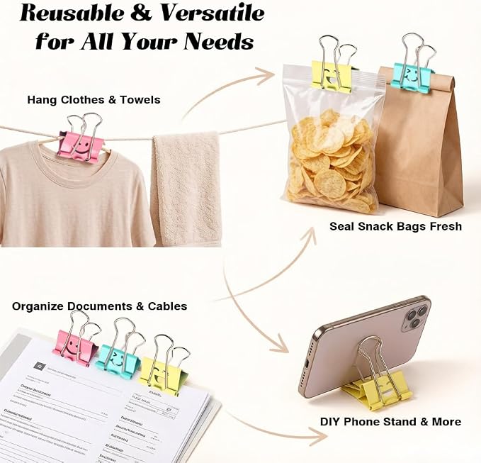 Binder Clips Assorted Sizes,80 Count Cute Smiling Face Paper Clips,Colored Small Medium Large Metal Paper Clamps,Decorative Binder for Office Kitchen,Bulk Teacher Gifts