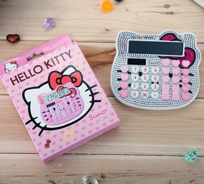 Hello Kitty Calculator, Xinyu Lighting Creative and Cute Solar Calculator, 12-Digit LCD Display, Suitable for Adults and Children, Solar and Battery Powered (White Jewel Model)
