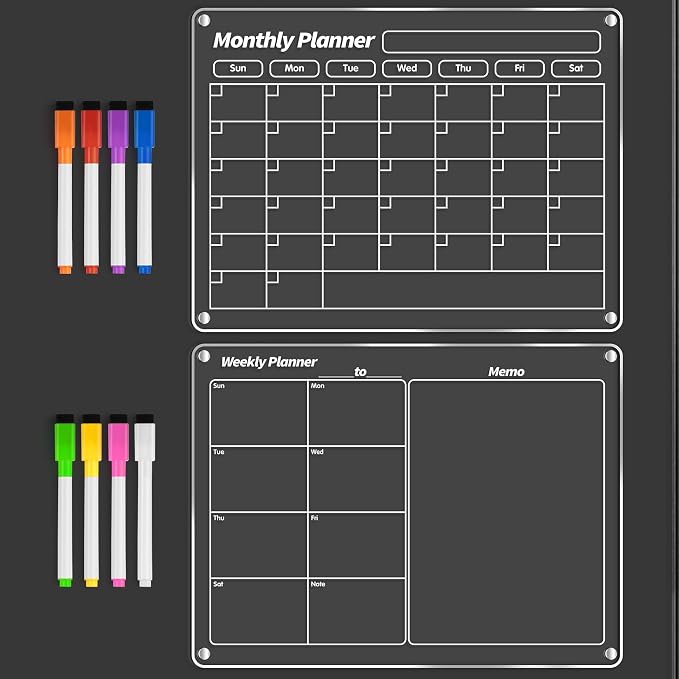FINDMAG Magnetic Calendar, Fridge Magnets for Whiteboard Dry Erase, 2 Pcs | Acrylic Calendar for Refrigerator, Kitchen Clear Monthly and Weekly Planner Fridge Magnets with 8 Colors Markers