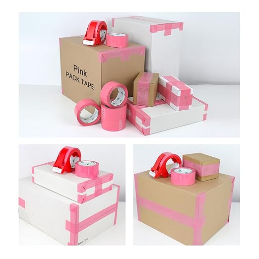 BOMEI PACK Pink Packing Tape with Dispenser, 2.4 Mil 1.88 Inch x 60 Yards, 6 Refills Rolls Color Box Tape for Moving, Shipping and Packaging
