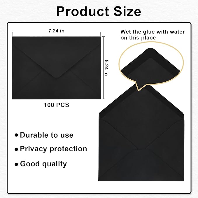 100 Pack A7 Envelopes, Black Greeting Card Envelopes Self Seal, 5.24 x 7.24 in Envelopes for Birthday Graduation Baby Shower Wedding Invitation Cards