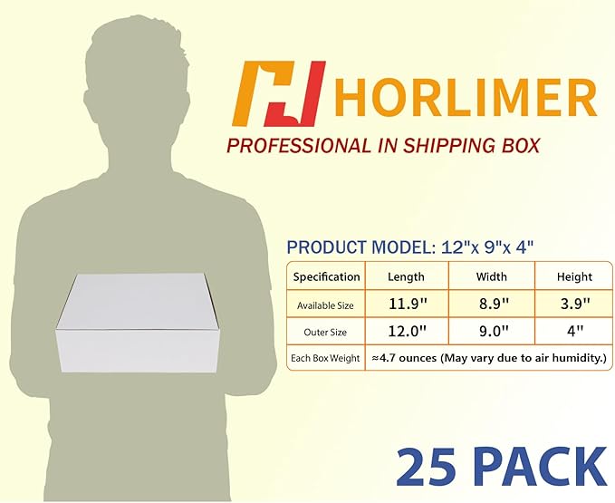 HORLIMER 12x9x4 Shipping Boxes Set of 25, White Corrugated Cardboard Mailer Box for Packing Small Business