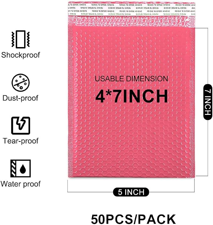 Koja Extra Thick Padded Bubble Mailers, 4x8 in, 100-Pack, Pink | Usable interior size 4x7 in. Self-seal closure for secure packaging. Ideal for shipping and small business mailing.