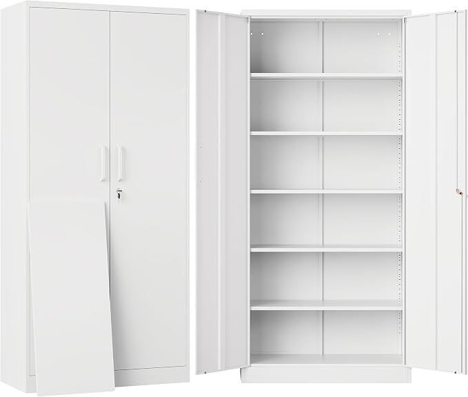 Metal Storage Storage Cabinet with 5 Adjustable Shelves,White Metal Cabinet with Locking Doors,Steel Pantry Cabinet with Lock,71" Lockable Storage Cabinet for Home,Office,Garage,Kitchen,Shop