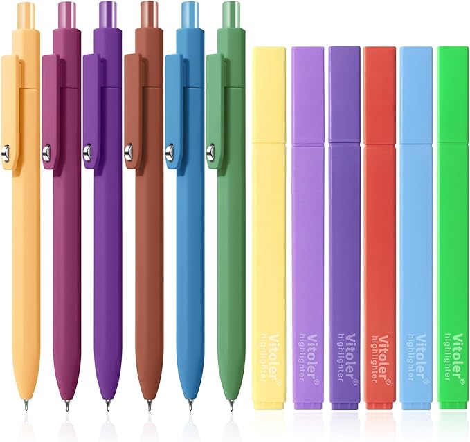 Piochoo Highlighters Assorted Colors and 0.5mm Black Ink Gel Pens Set | 6pcs Fine Point Quick-Drying Pens & 6pcs Chisel Tip No Bleed Highlighters for Women Nurse Men Back to School Supplies