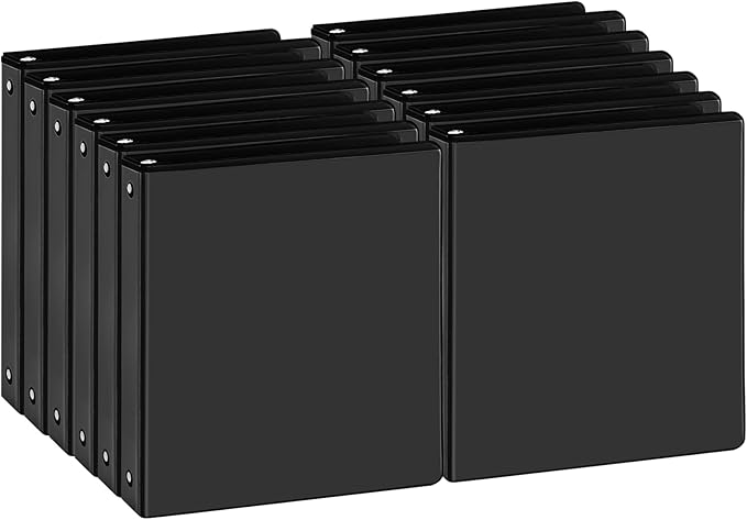 Durable 1 inch 3-Ring Binder, 1" Round Ring Binder with 2 Inside Pockets, Bulk Basic Binders, Clear View Cover 1-inch Binders Holds 8.5'' x 11''Paper for Office/Home/Back to School（Pack of 12, Black