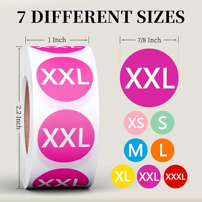 3500 Pcs 7 Rolls 7/8 Inch Size Stickers, 7 Colorful Sizes Coded Round Self Adhesive Labels for Clothing, Sticker Holder for Shirt (XS, S, M, L, XL, XXL and XXXL), BIAlabel