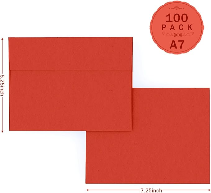 Red 5x7 Envelopes 100 Pack, Goefun A7 Self Seal Printable Invitation Envelopes for 5x7 Cards, Christmas, Birthday, Engagement, Anniversaries, 5.25 x 7.25 in, 120 GSM