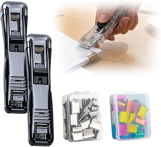 Portable Binder Clip Stapler, 2026 New Portable Office Tool, Durable Desk Organizer for Study Room, 100 Metal Refill Clips (50 Silver + 50 Color) for Home (2, Black)