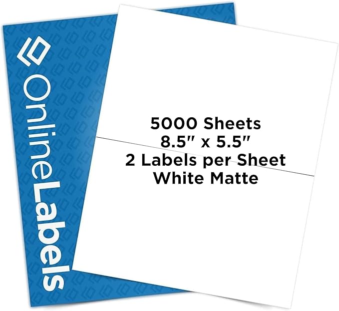 OnlineLabels 8.5 x 5.5 Half-Sheet Shipping Labels - Permanent, White Matte - for FBA, FedEx, UPS - Pack of 10,000 Labels, 5,000 Sheets - Inkjet/Laser Printers