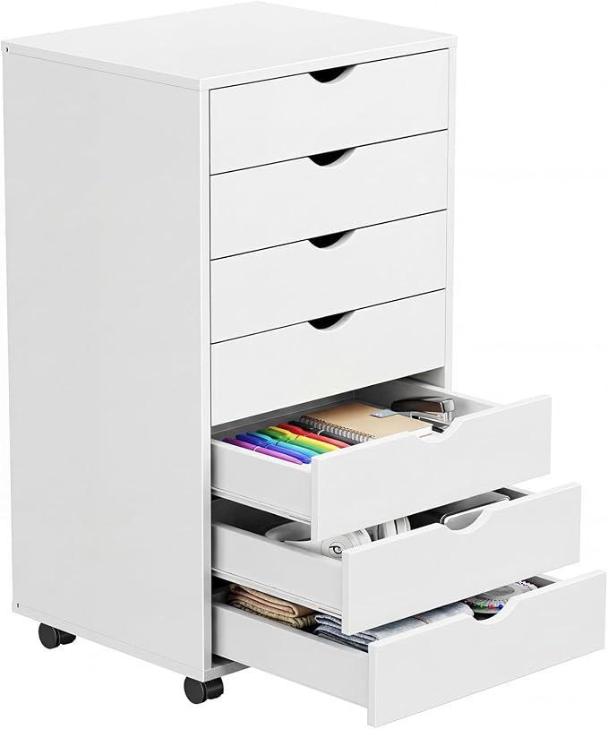 7 Drawers Mobile File Cabinet, Printer Stand Storage Cabinet | Under Desk Storage with Wheels, Vertical Filing Chest Rolling Wood Small Organizer for Home Office, Living Room, White