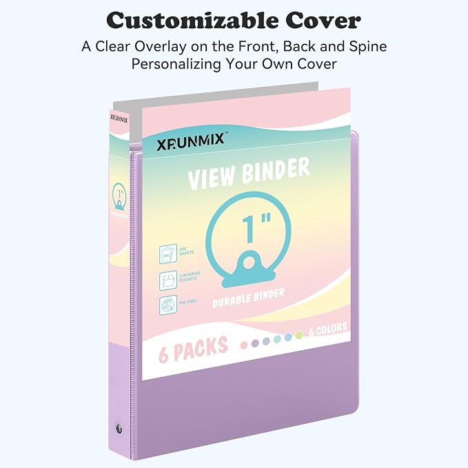 1-inch 3-Ring Binder with Pockets, Basic Binders 1'' Pastel Color Binders, Holds Letter Size 8.5'' x 11'',200 Sheet Capacity, Bundle 6 Pack for Back to School (1-Inch)
