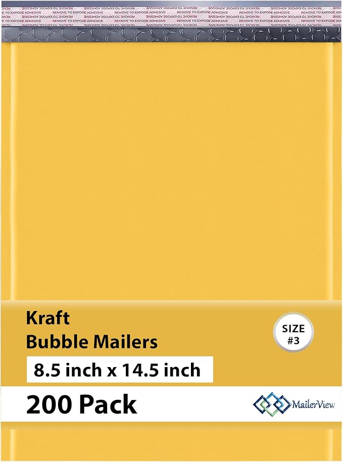 Kraft Bubble Mailers 8.5x14.5, Self Seal Padded Envelopes #3, 200 Pack | Fits Books & Magazines, No Tape Needed, Cushioned Protection, Tear-Resistant Yellow Kraft, Made in USA