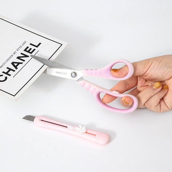 Stainless Steel Scissors Set with, utility knife Pairs with Comfort Grip Handles All Purpose Scissors,for Office Desk Accessories Fabric Home Craft School Supplies, Right/Left Handed (Pink)