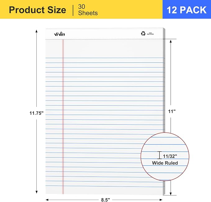 ViVin 12 Pack Legal Pads 8.5" x 11.75", Wide Ruled Note Pads, 30 Sheet/Pad | Perforated Writing Pads, Notepads for Office Home School, White Paper