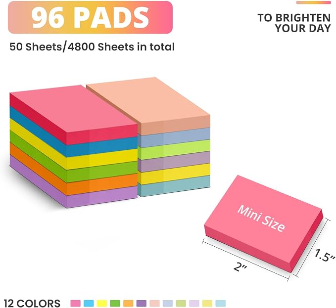 Taja 96 Pads Sticky Notes, 1.5"x2" Inches Mini Sticky Notes Pads, Bright | Bulk Small Sticky Notes for Quick Reminders and Color Coding, Mini Sticky Notes for Office, School and Home Organization