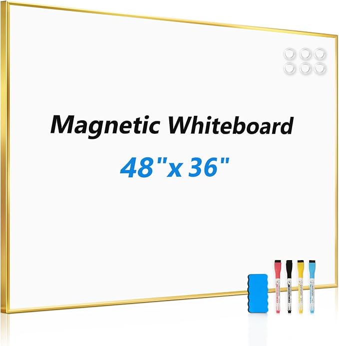 Large Magnetic Whiteboard, 48" x 36" Dry Erase White Board for Wall | Gold Aluminum Frame, Easy to Write and Erase, Wall Mounted, Presentation Board, for Home, Office, School, Kitchen