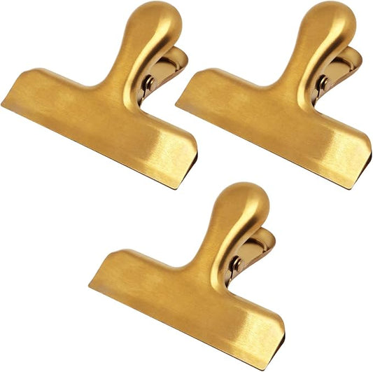3Pcs Gold Chip Clips 3 Inch Wide Stainless Steel Notebook T Clip Heavy-Duty Food Bag Clips Metal Hinge Clip File Clamps for Home Kitchen & Office