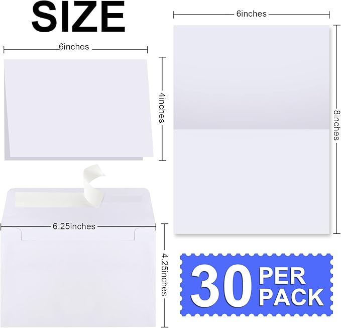 Blank Cards and Envelopes 4x6, 30 Pack White Invitation Cardstock with 30 Pack Envelopes, Thank you Blank Greeting Cards, for All Occasions DIY, Print custom