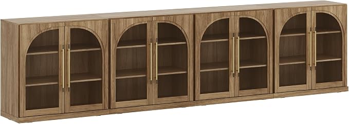 BELLEZE 3 Tier Bookshelf with Arched Glass Door, Set of 4 Modern Display Bookcase Shelf with Storage and Adjustable Shelves, 130'' Wood Bookshelves for Living Room Office Entryway (Camel)