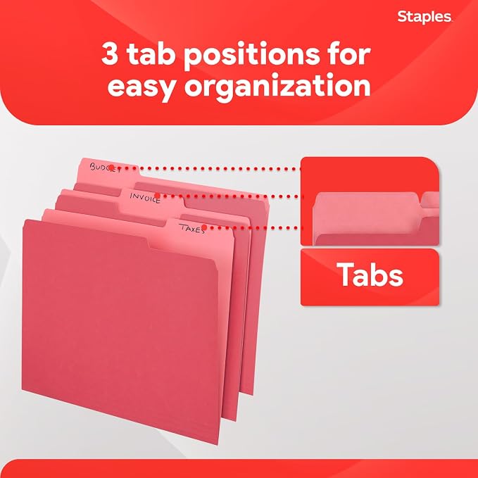 Staples File Folders, Letter Size, 1/3-Cut Tabs, Red, 100/Pack | Durable 10.5-point paper stock for everyday office document filing.