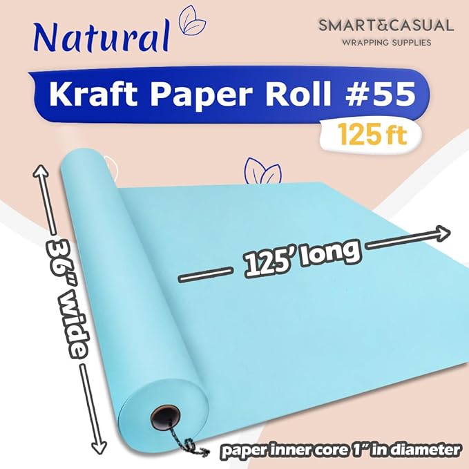 SMART&CASUAL 36" x 1,500" (125') Light Blue Kraft Craft Paper Roll for Gift Wrapping Bulletin Board Bouquet Flower Kids Art Packing Parcel Table Covering 80GSM 55LB (Light Blue, 36" x 125')