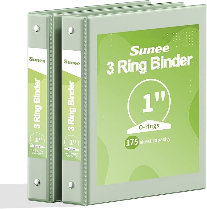 SUNEE 3 Ring Binder 1 Inch 2 Pack, Clear View PVC-Free (Fit 8.5x11 Inches) for School or Office, Sage Green