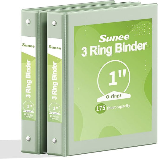 SUNEE 3 Ring Binder 1 Inch 2 Pack, Clear View PVC-Free (Fit 8.5x11 Inches) for School or Office, Sage Green