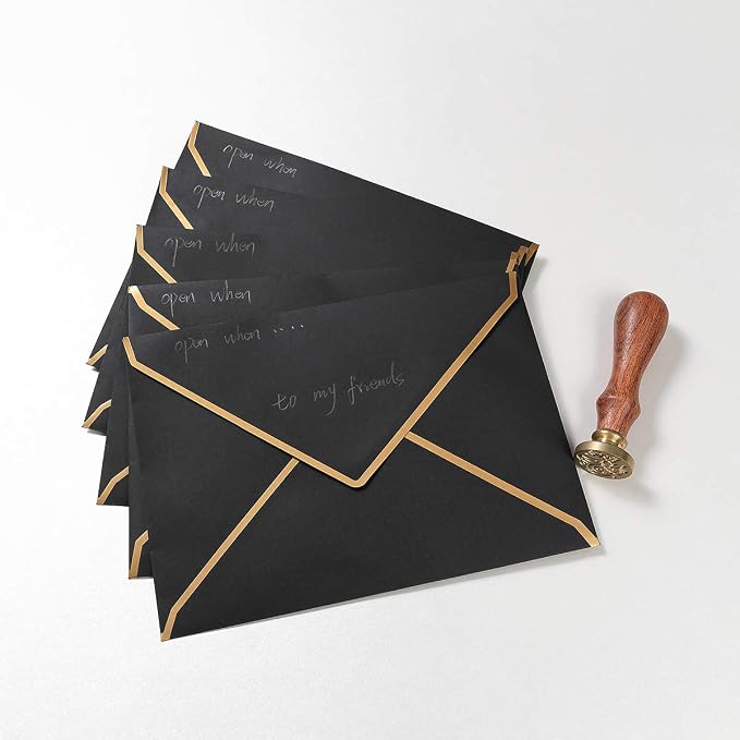 100 Pack A7 Envelopes 5x7 Black Gold Border 5.32x7.28 Inches | With Gold Stickers, For Wedding Gift Cards, Invitations, Graduation, Baby Shower