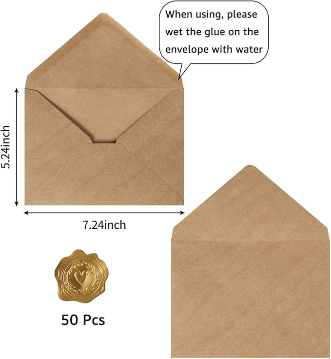 50 Pack A7 Colorful 5x7 Envelopes V Flap Invitation Envelopes for 5x7 Cards, Birthday, Weddings, Graduations, Greeting Cards, Baby Shower 5.24 x 7.24 Inches (Brown)
